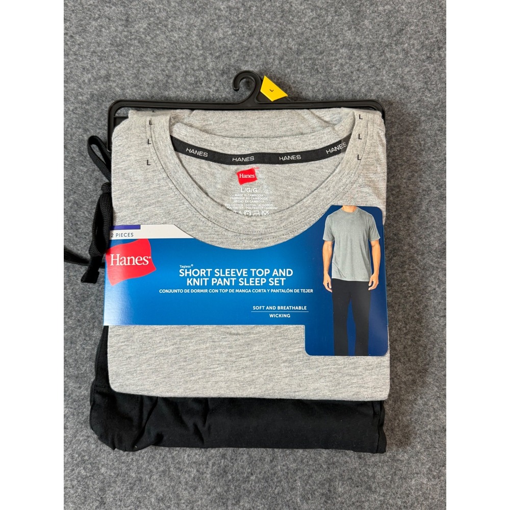 Hanes Sleep Set Mens Large Gray Black New Pajamas 2PC Short Sleeve Top Knit Pant - Picture 1 of 2